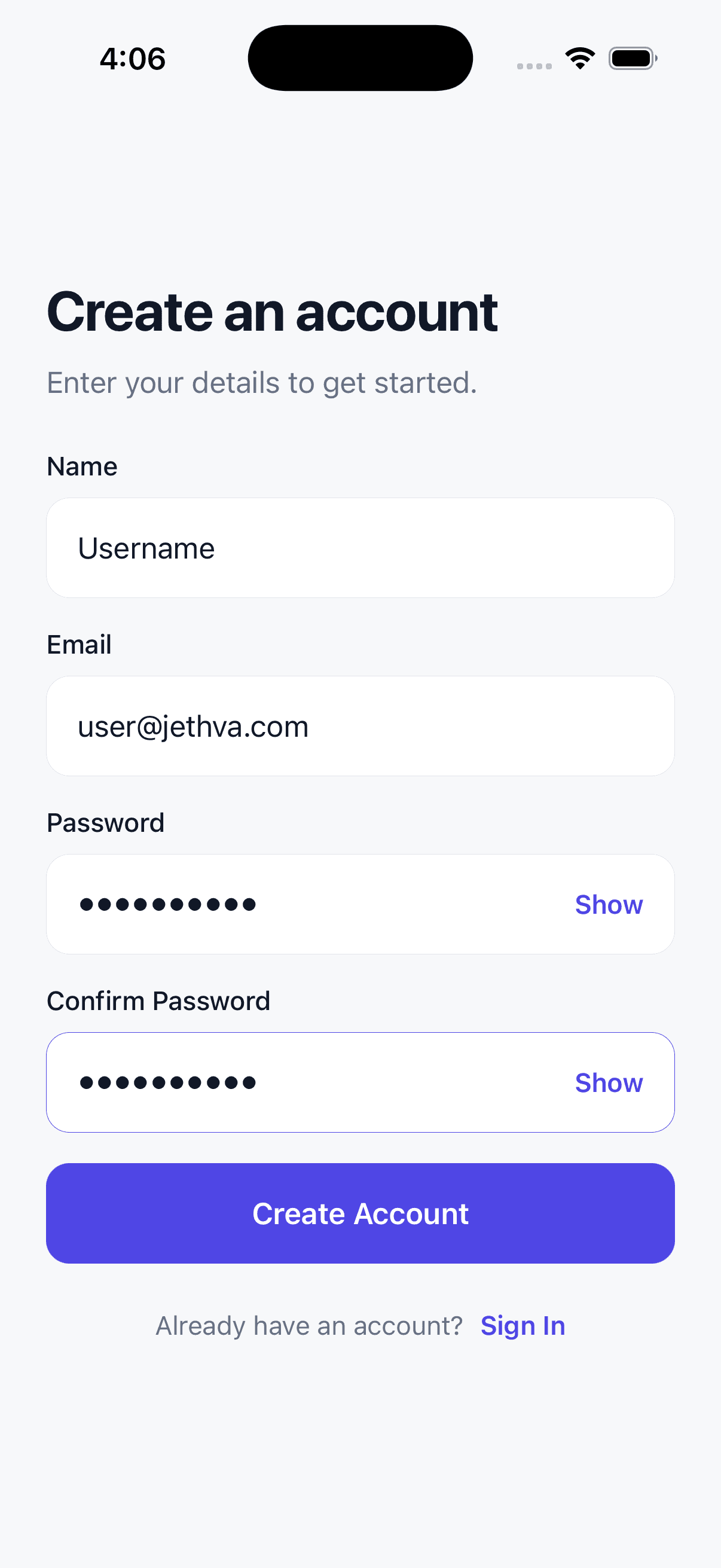 React Native Starter sign-up screen